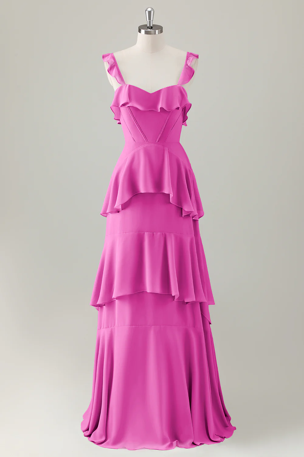 Sauge poussiéreuse A-ligne à volants à volants à plusieurs niveaux Corset de soie Robe longue de demoiselle d’honneur - Image 5
