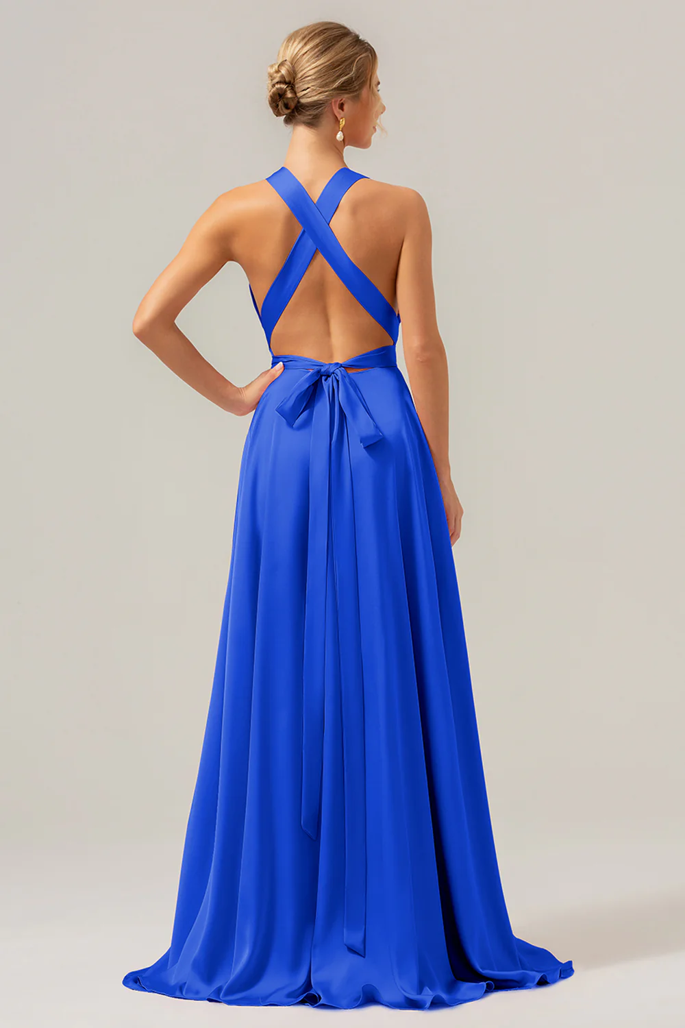 Sauge poussiéreuse A Ligne Col V Dos Nu Satin Longue Robe de demoiselle d’honneur avec fente - Image 10