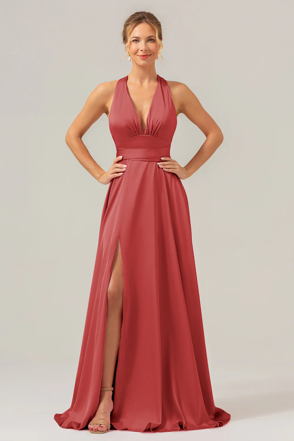 Sauge poussiéreuse A Ligne Col V Dos Nu Satin Longue Robe de demoiselle d’honneur avec fente - Image 11