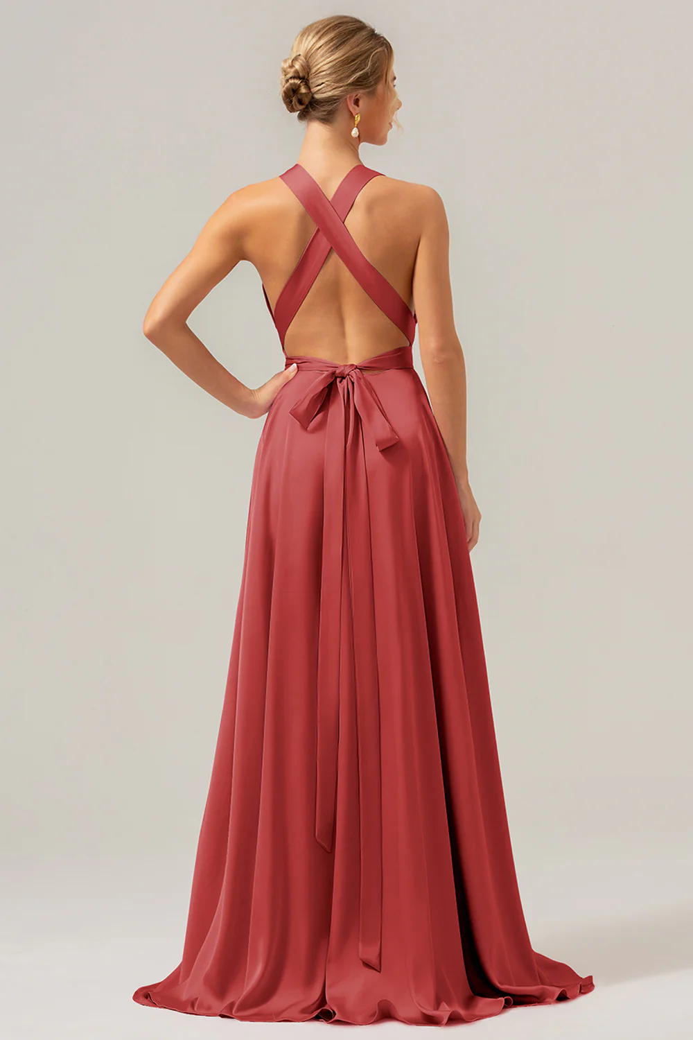 Sauge poussiéreuse A Ligne Col V Dos Nu Satin Longue Robe de demoiselle d’honneur avec fente - Image 12