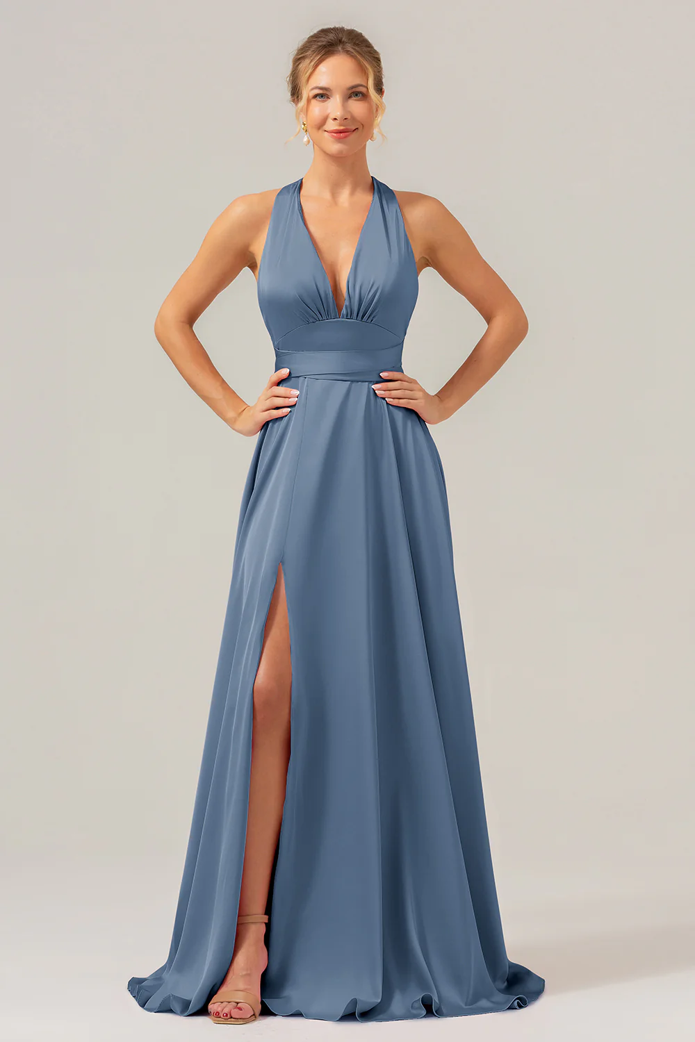 Sauge poussiéreuse A Ligne Col V Dos Nu Satin Longue Robe de demoiselle d’honneur avec fente - Image 13