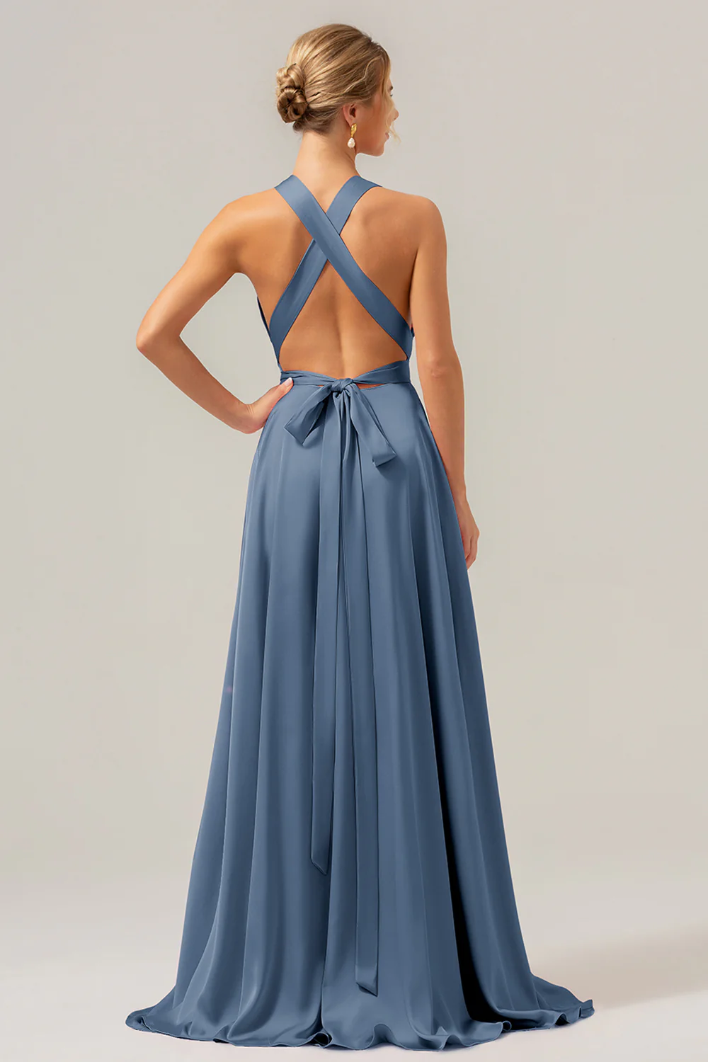 Sauge poussiéreuse A Ligne Col V Dos Nu Satin Longue Robe de demoiselle d’honneur avec fente - Image 14