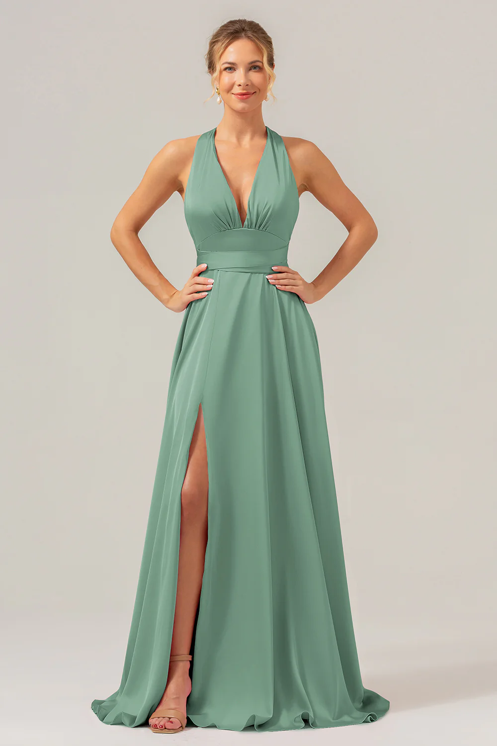 Sauge poussiéreuse A Ligne Col V Dos Nu Satin Longue Robe de demoiselle d’honneur avec fente - Image 3