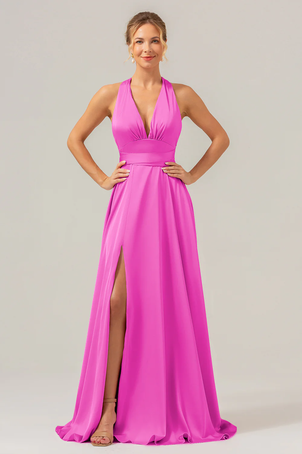 Sauge poussiéreuse A Ligne Col V Dos Nu Satin Longue Robe de demoiselle d’honneur avec fente - Image 5