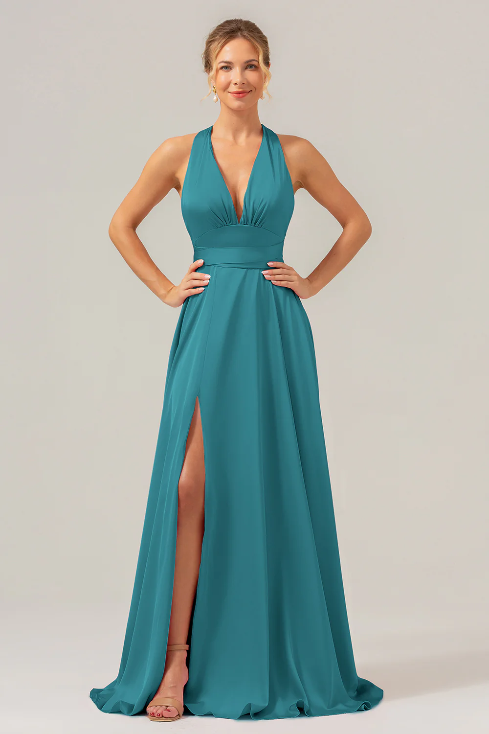Sauge poussiéreuse A Ligne Col V Dos Nu Satin Longue Robe de demoiselle d’honneur avec fente - Image 7