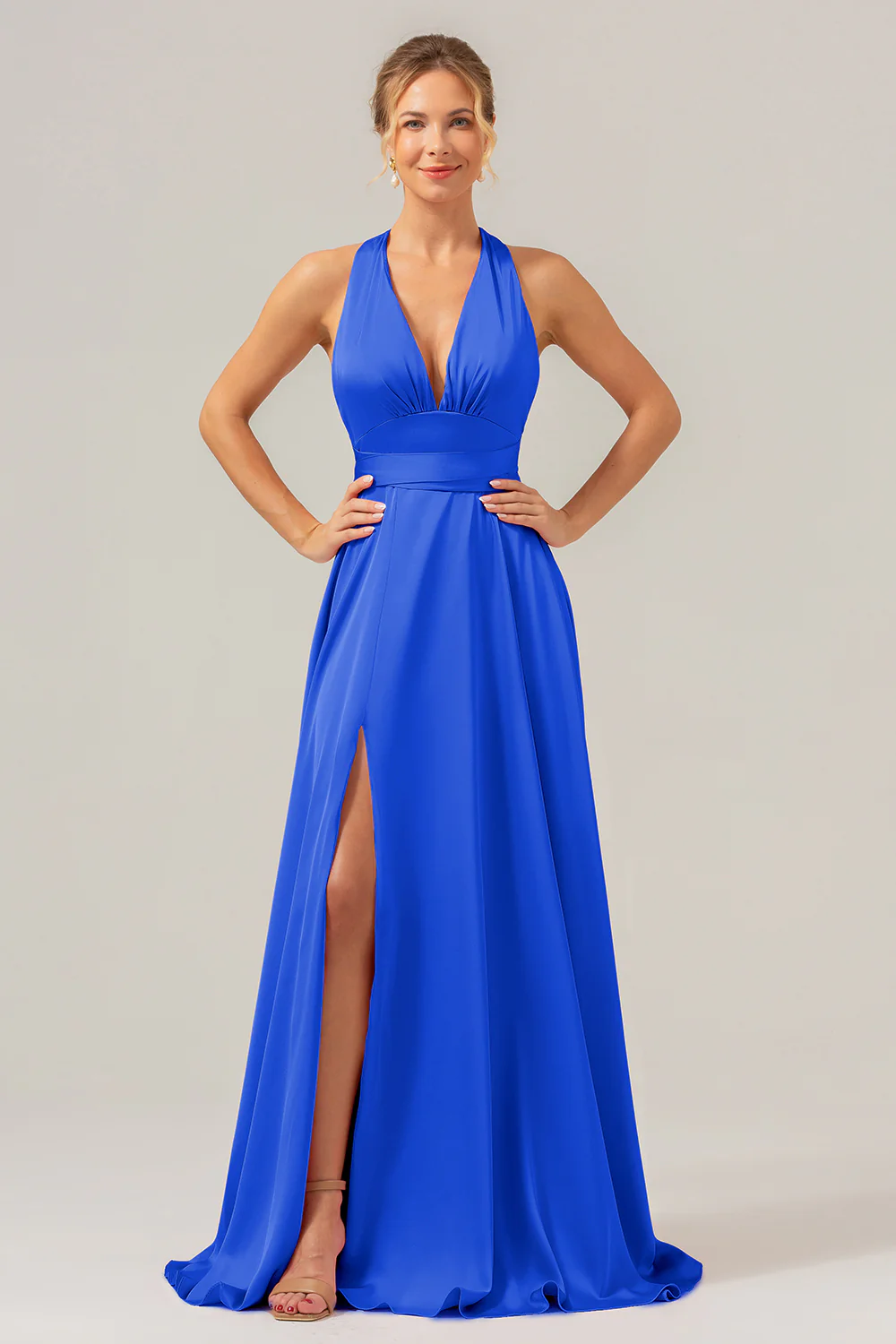 Sauge poussiéreuse A Ligne Col V Dos Nu Satin Longue Robe de demoiselle d’honneur avec fente - Image 9