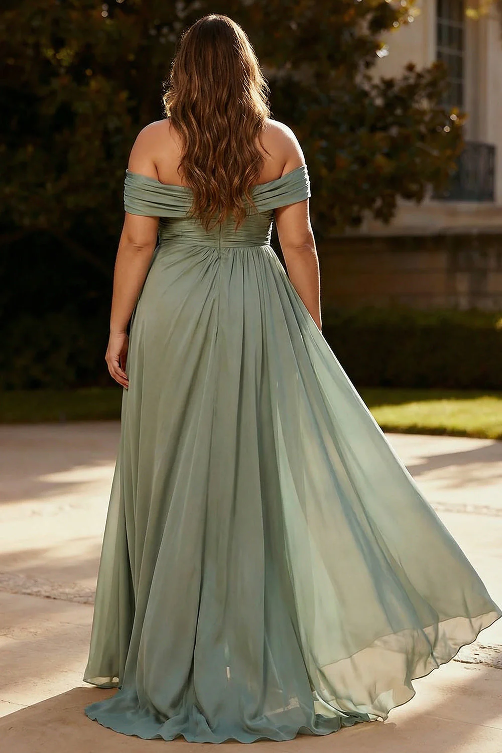 Robe formelle longue grande taille en organza sage poussiéreux à épaule unique plissée - Image 2