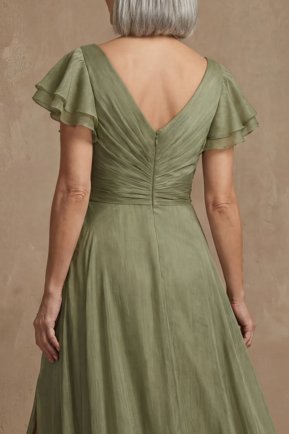 Sauge poussiéreuse Ligne A Manches froncées Robe de la mère de la mariée avec fente - Image 4