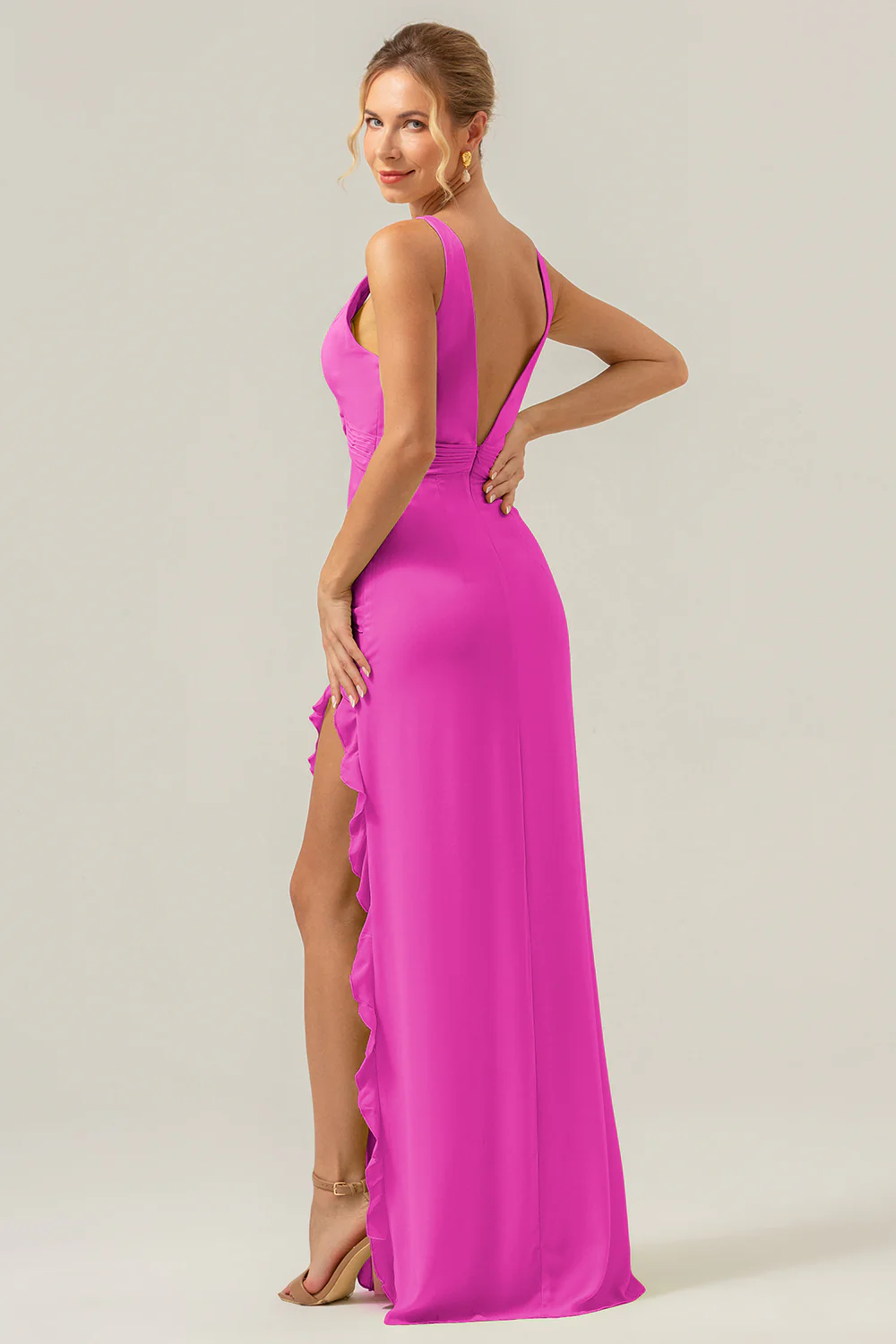 Sauge poussiéreuse Sheath Deep V Neck Dos Nu Robe de demoiselle d’honneur longue avec fente à volants - Image 6