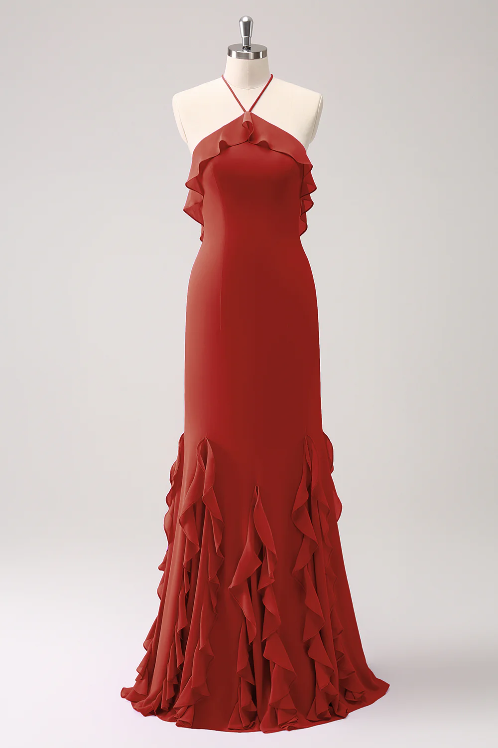 Sauge poussiéreuse Sirène Licol Volants Mousseline de soie Robe longue de demoiselle d’honneur - Image 11