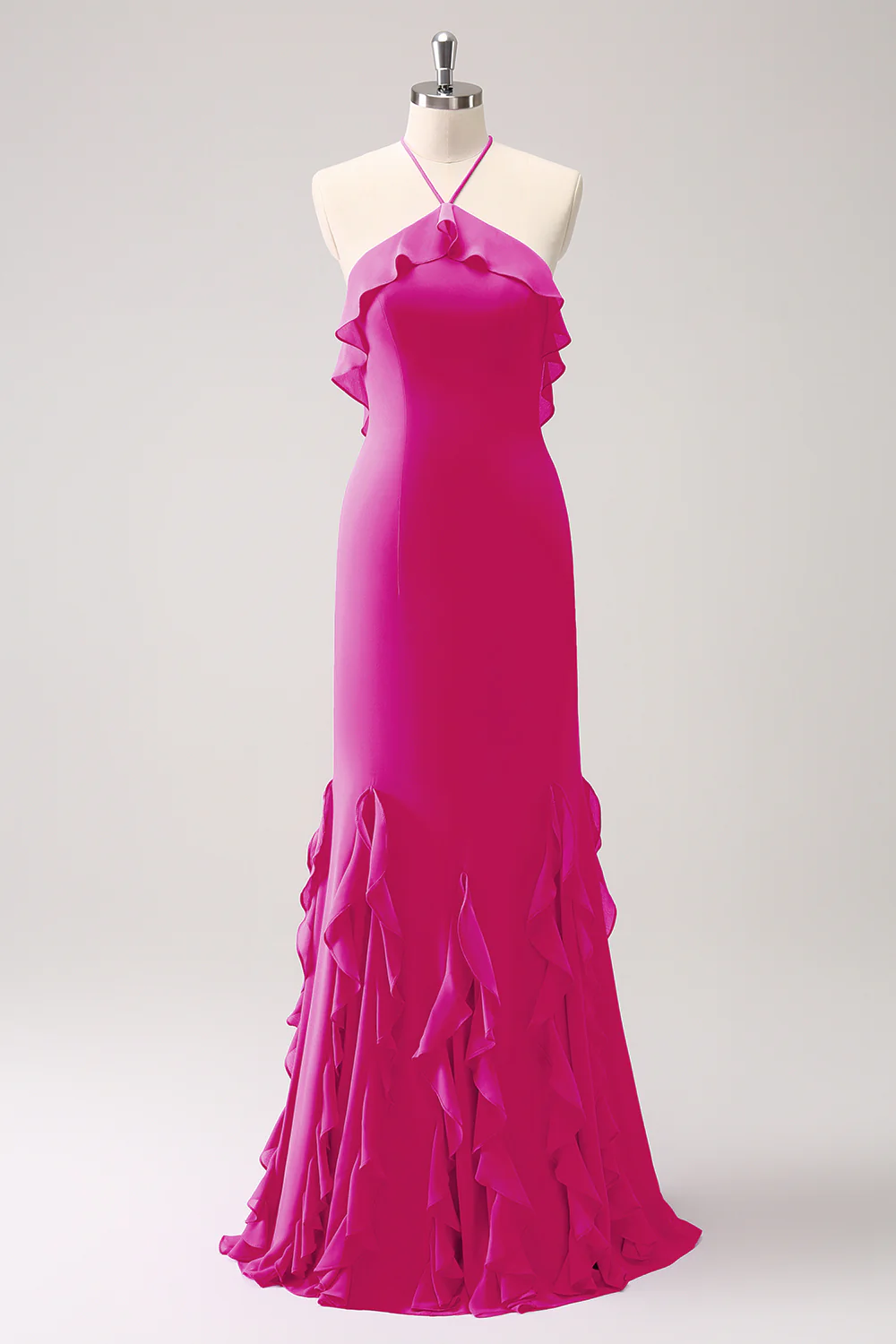 Sauge poussiéreuse Sirène Licol Volants Mousseline de soie Robe longue de demoiselle d’honneur - Image 5