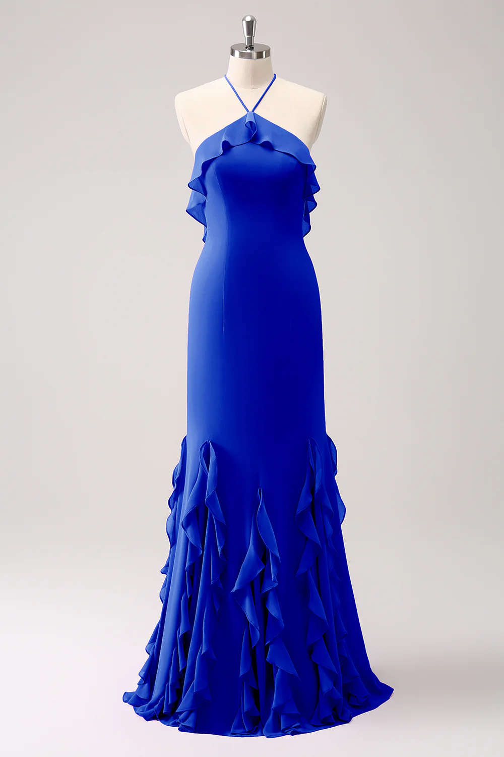 Sauge poussiéreuse Sirène Licol Volants Mousseline de soie Robe longue de demoiselle d’honneur - Image 9