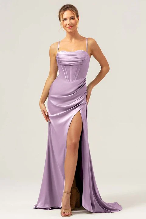 Sauge poussiéreuse Sirène Spaghetti Bretelles Corset Satin Demoiselle d’honneur Robe avec Fente - Image 11