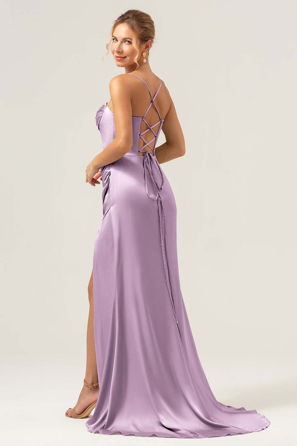 Sauge poussiéreuse Sirène Spaghetti Bretelles Corset Satin Demoiselle d’honneur Robe avec Fente - Image 12
