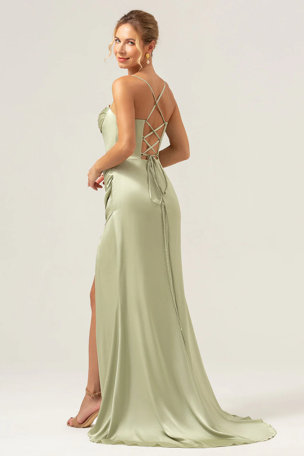 Sage Sirène Spaghetti Bretelles Corset Satin Demoiselle d’honneur Robe avec Fente - Image 2