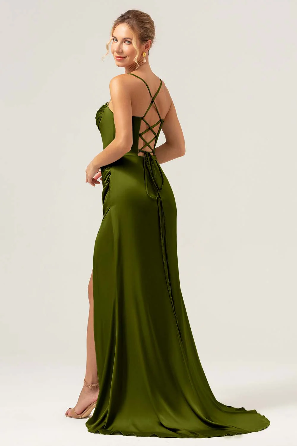 Sauge poussiéreuse Sirène Spaghetti Bretelles Corset Satin Demoiselle d’honneur Robe avec Fente - Image 6