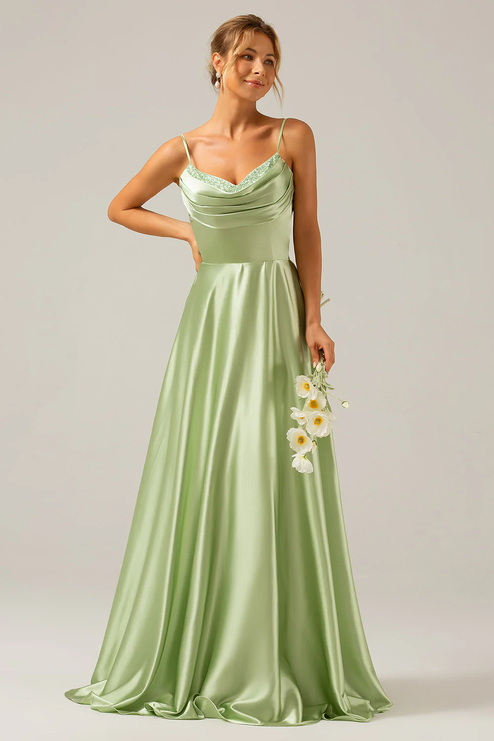 Sauge poussiéreuse une ligne col bénitier Satin Longue robe de demoiselle d’honneur avec plissé - Image 5
