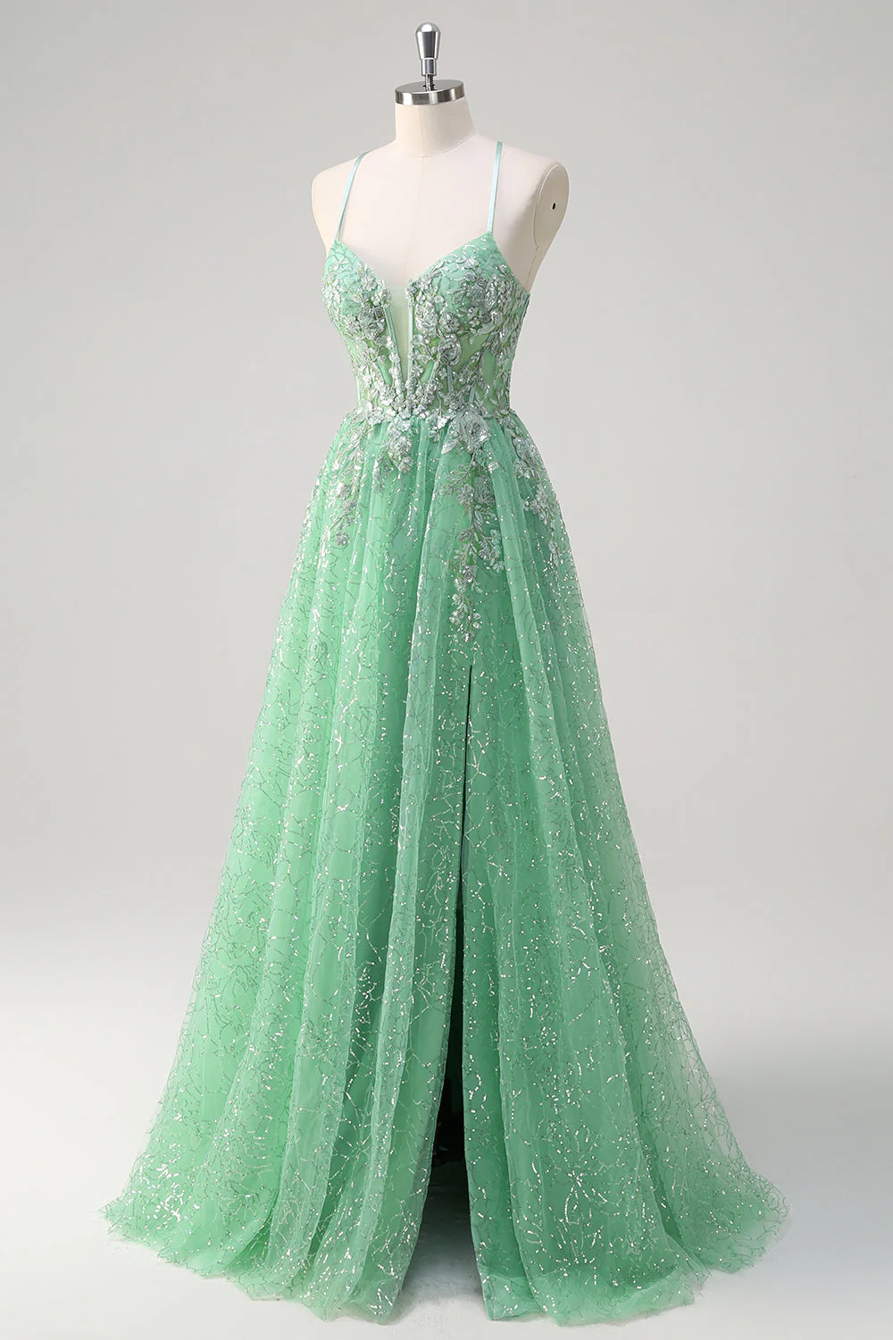 scintillant vert clair une ligne spaghetti bretelles corset tulle robe de bal avec fente - Image 3