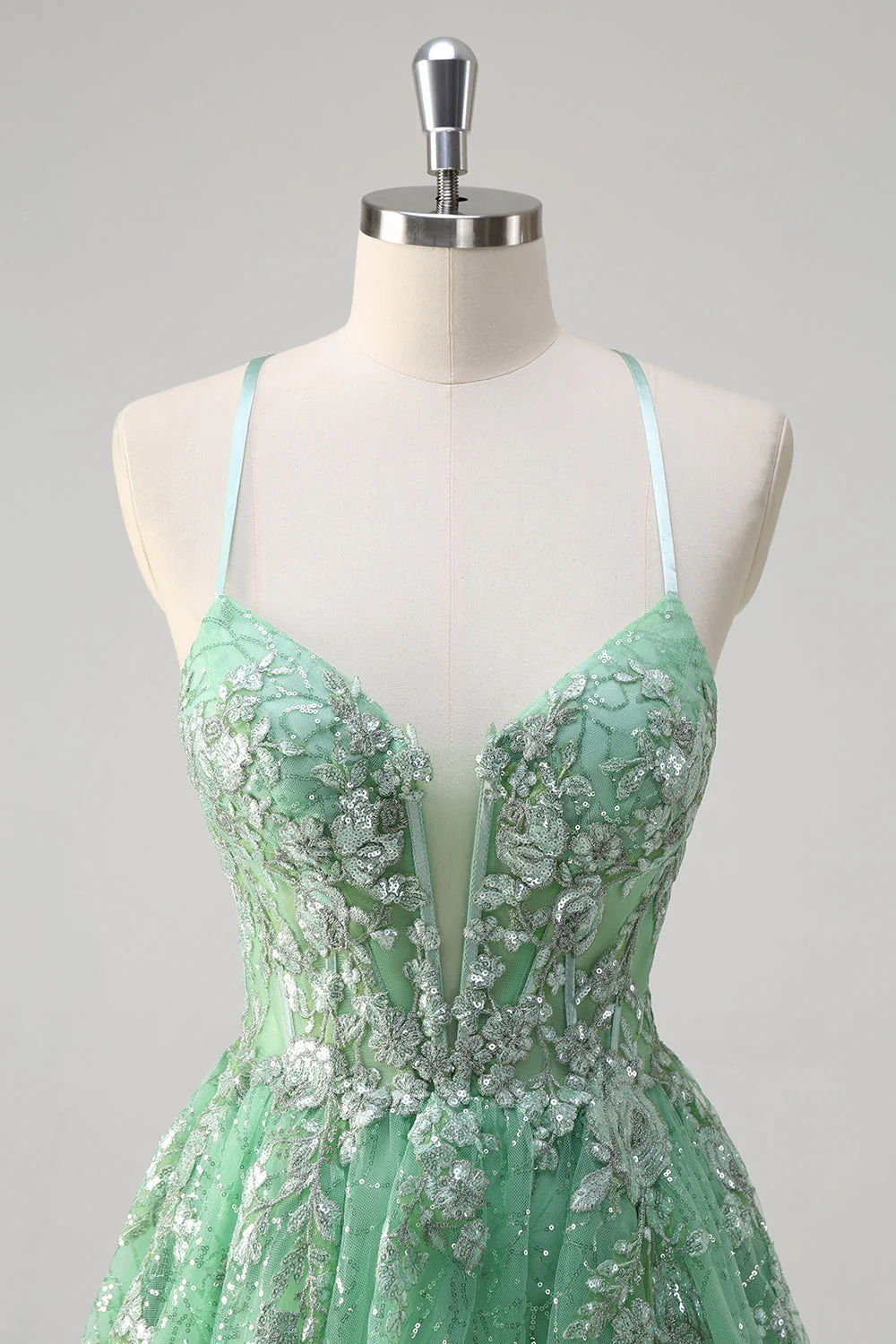 scintillant vert clair une ligne spaghetti bretelles corset tulle robe de bal avec fente - Image 4