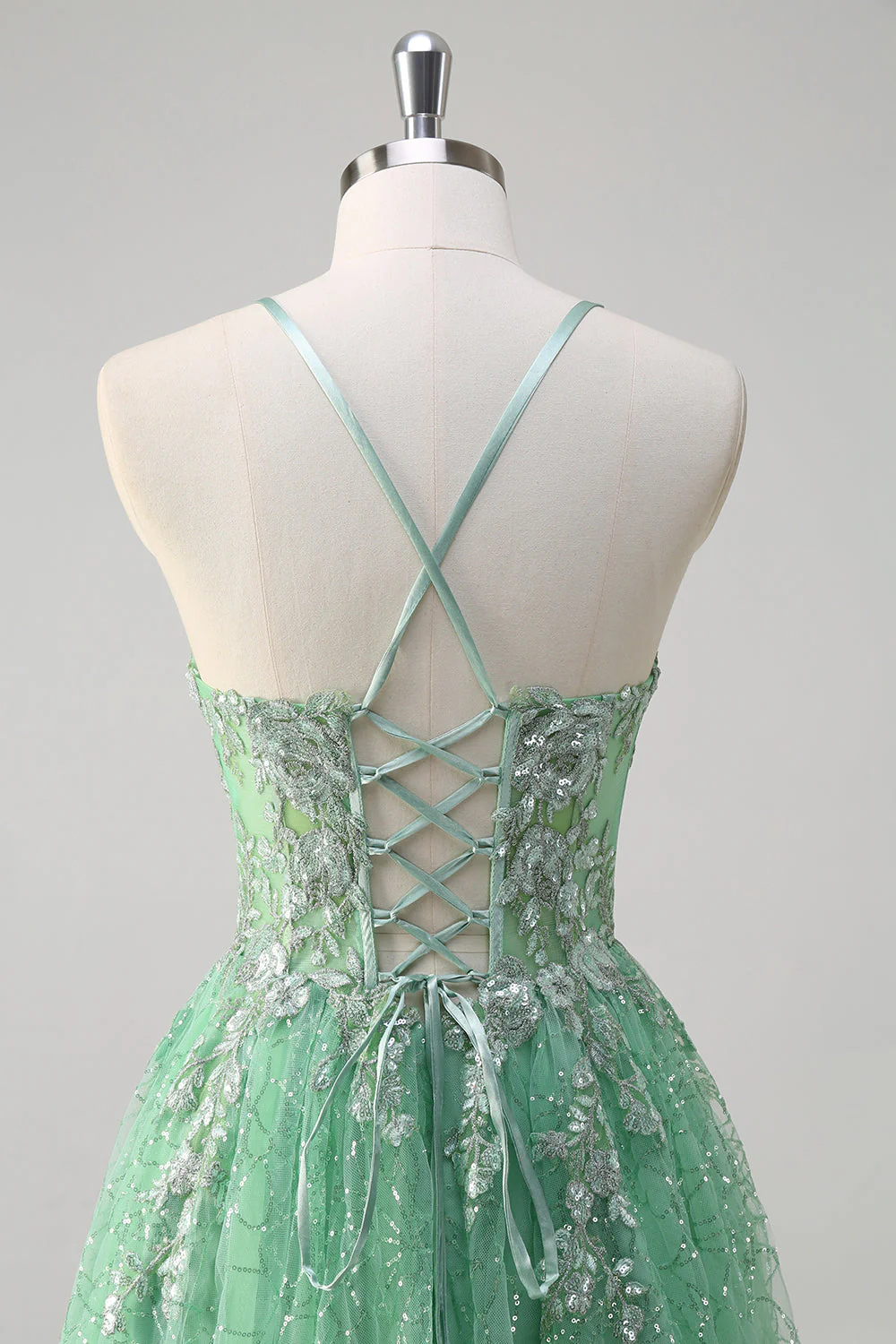scintillant vert clair une ligne spaghetti bretelles corset tulle robe de bal avec fente - Image 5