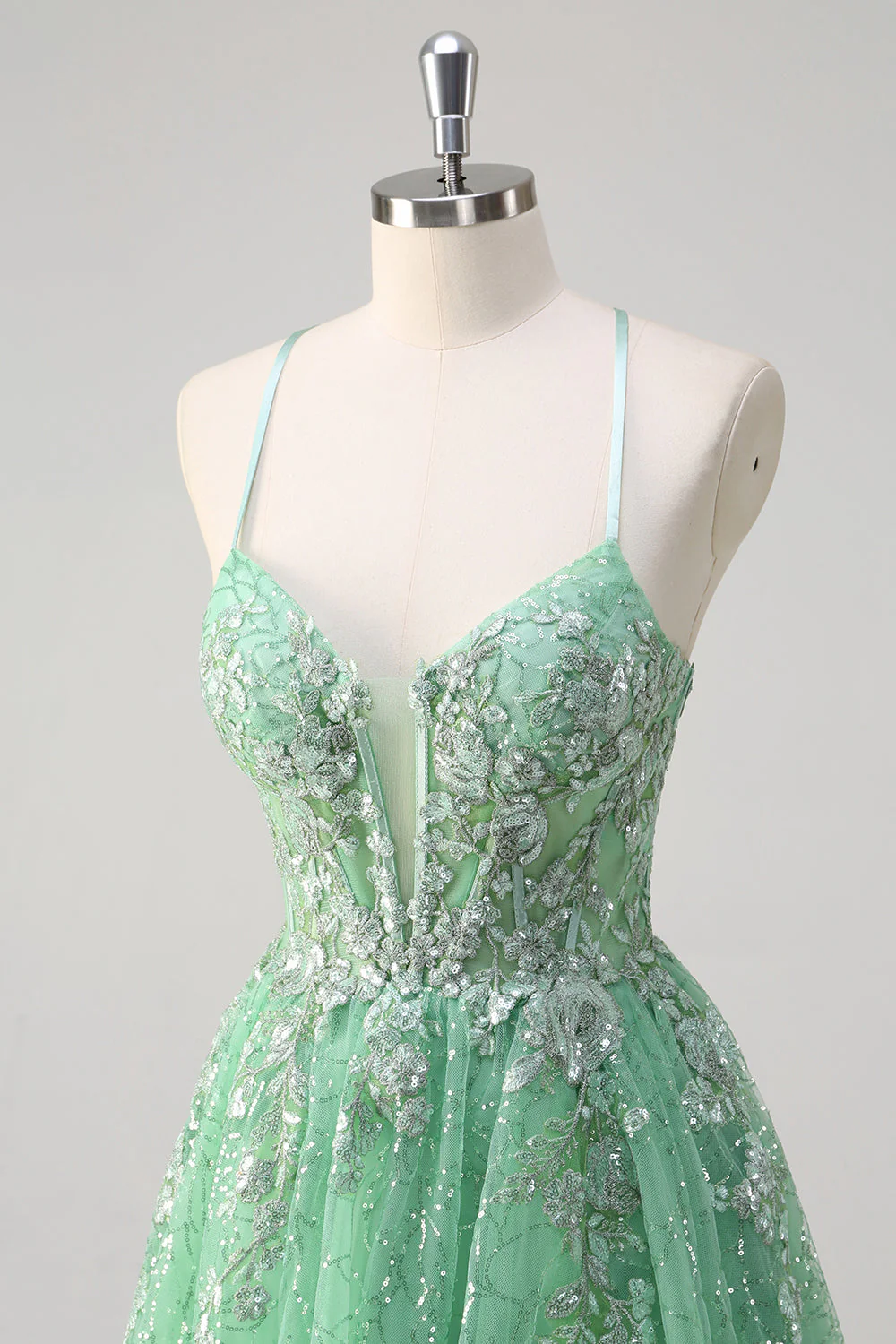 scintillant vert clair une ligne spaghetti bretelles corset tulle robe de bal avec fente - Image 6