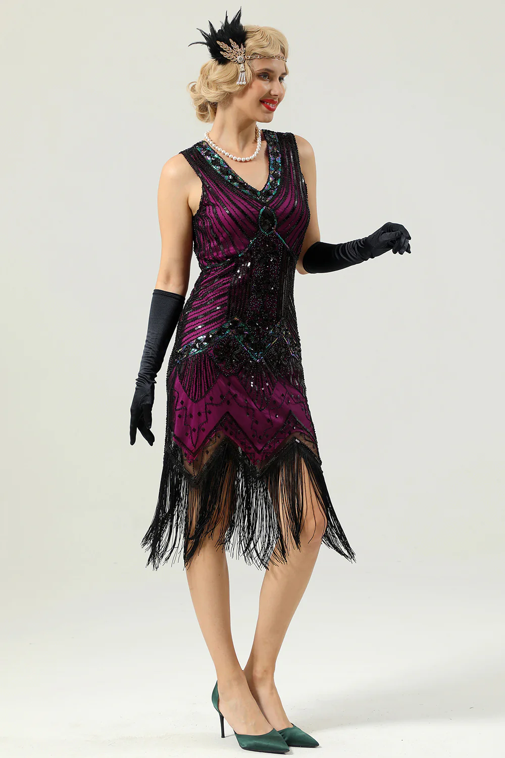 Robe année 20 vert foncé à paillettes grande taille - Image 27