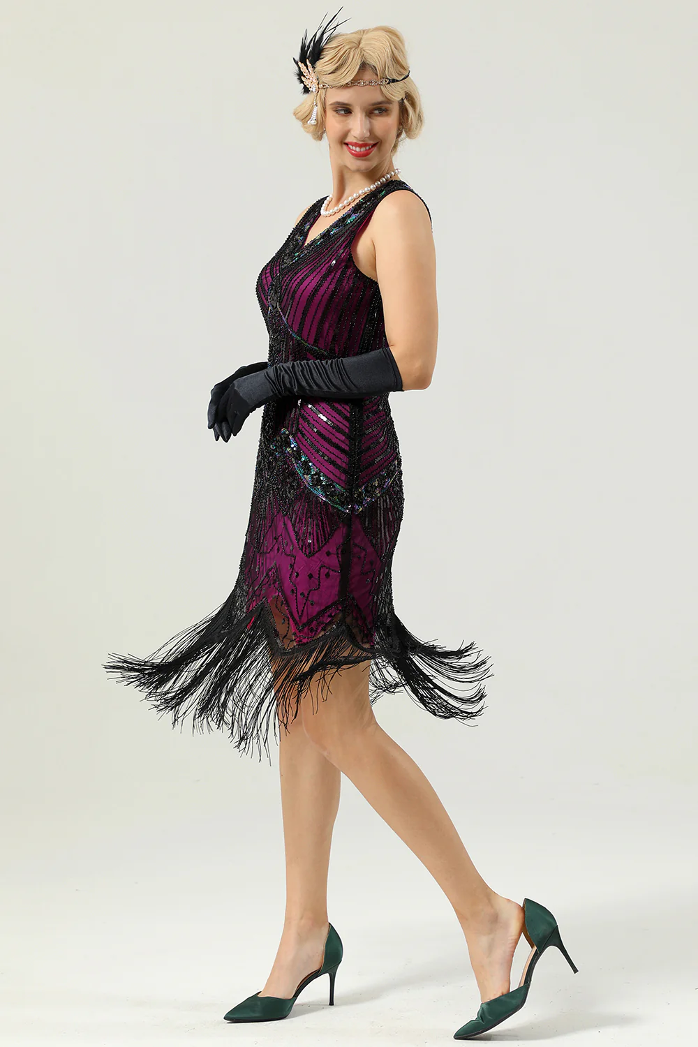 Robe année 20 vert foncé à paillettes grande taille - Image 29