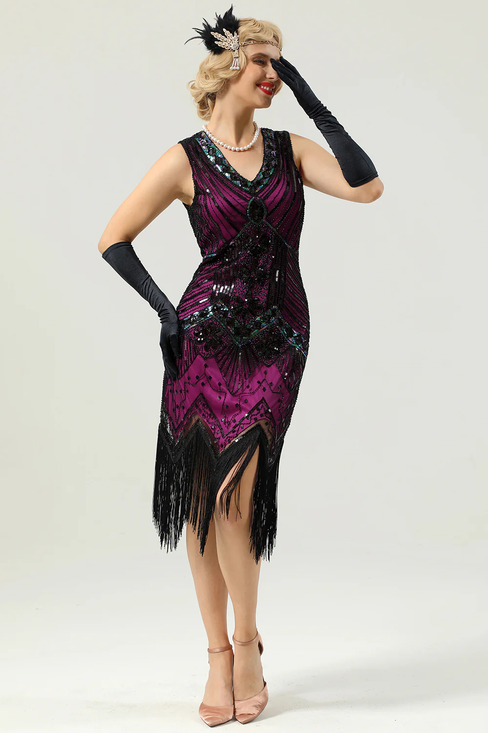 Robe année 20 vert foncé à paillettes grande taille - Image 30