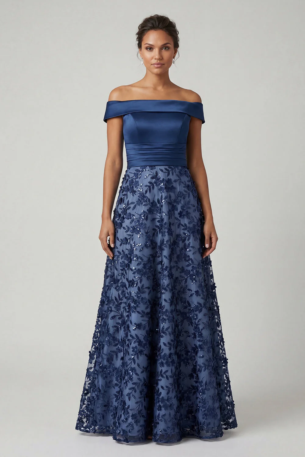 Sequins bleu marine à épaules dénudées, une ligne longue robe mère de la mariée - Image 5