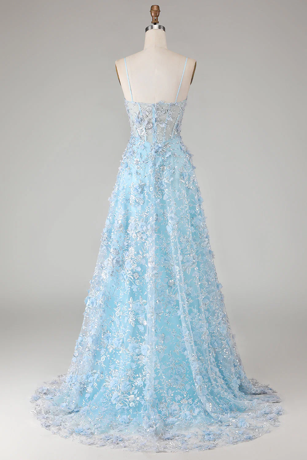 Sequins bleus : une robe de bal longue à applique en corset transparent avec une fente - Image 2