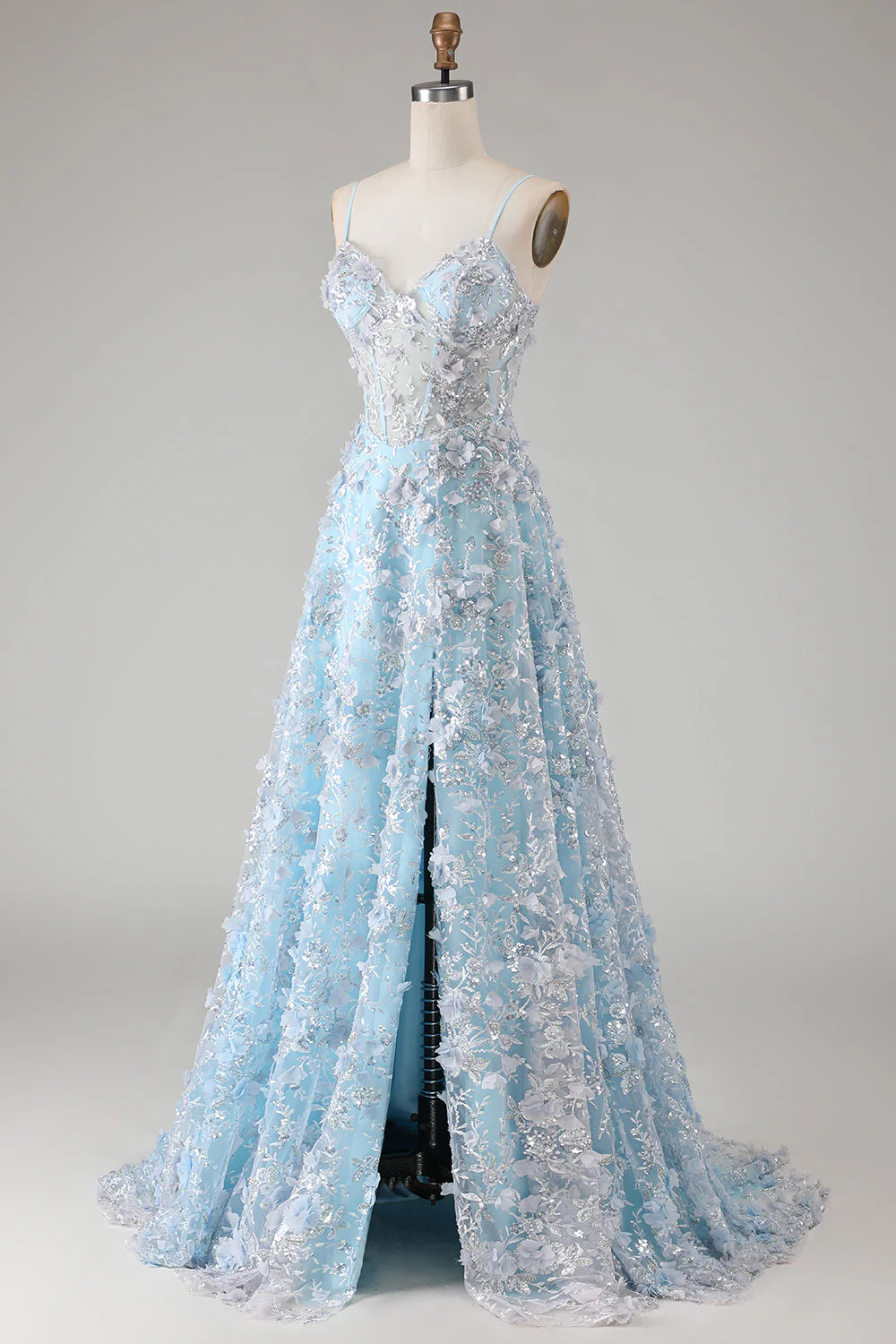 Sequins bleus : une robe de bal longue à applique en corset transparent avec une fente - Image 5