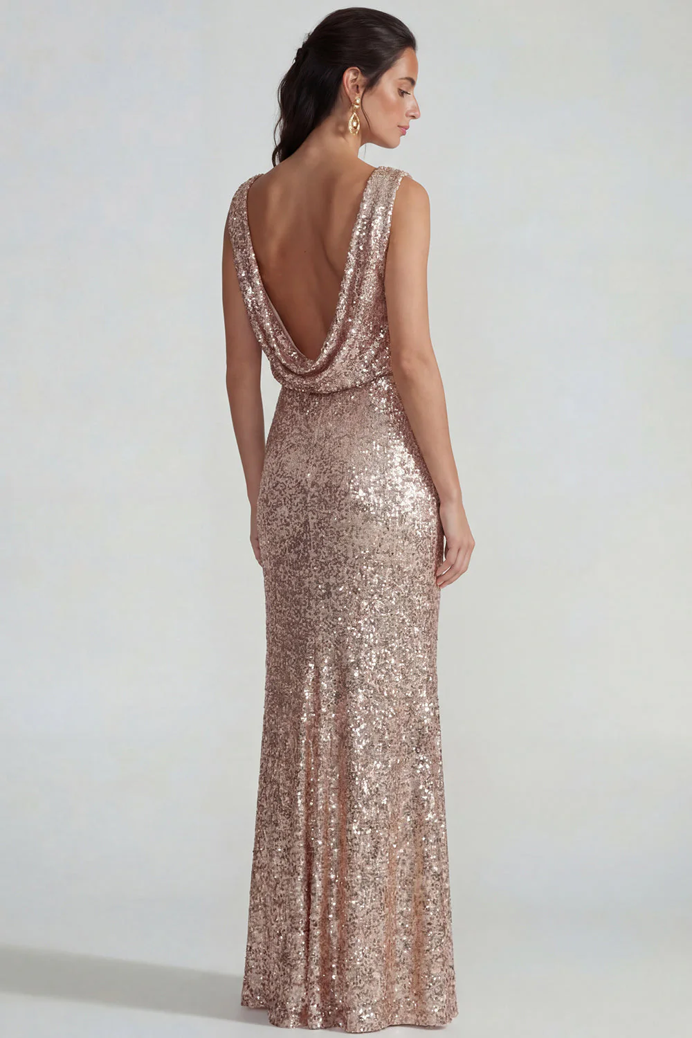 Sequins champagne Fourreau bateau Fourreau Longue robe formelle sans dos - Image 2