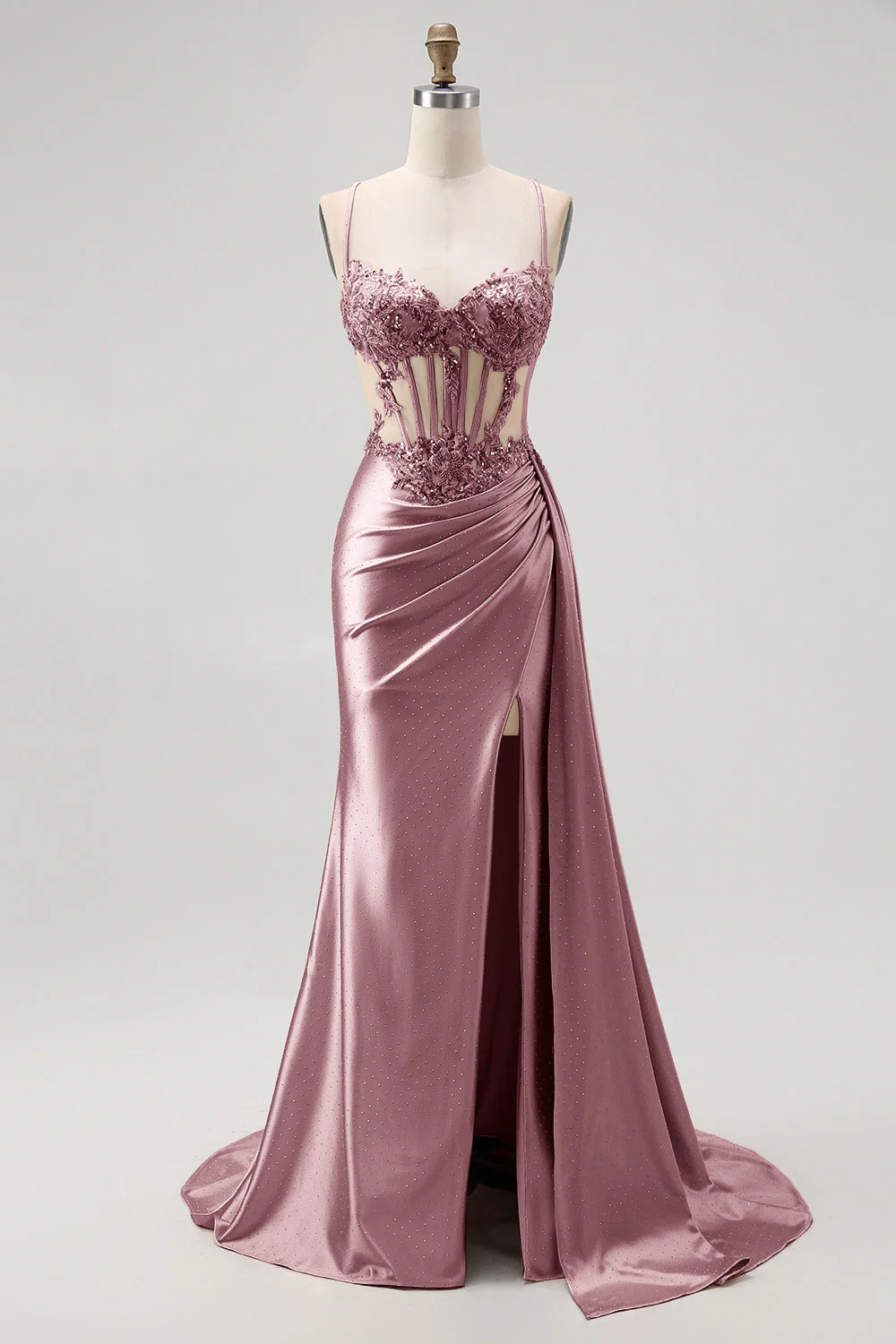 Robe de soirée sirène champagne corset transparent perles avec fente - Image 13