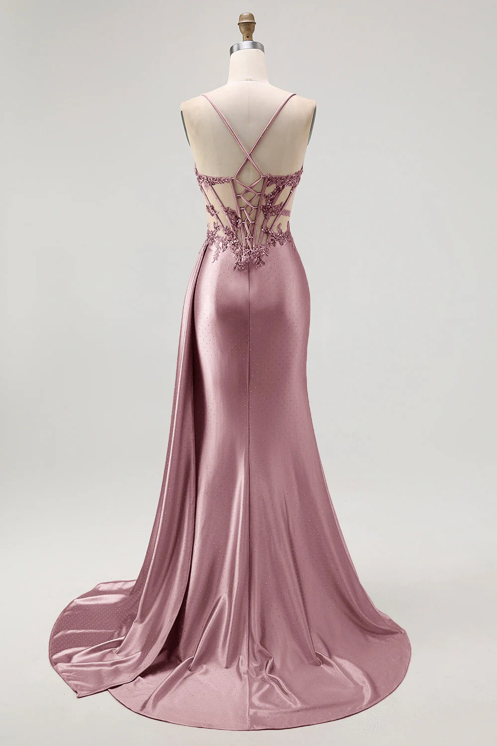 Robe de soirée sirène champagne corset transparent perles avec fente - Image 14
