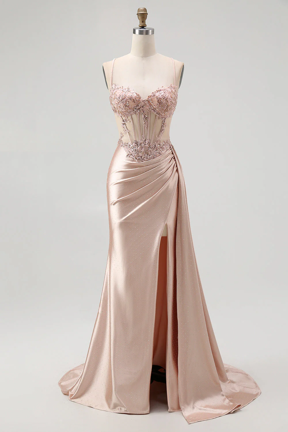 Robe de soirée sirène champagne corset transparent perles avec fente - Image 3
