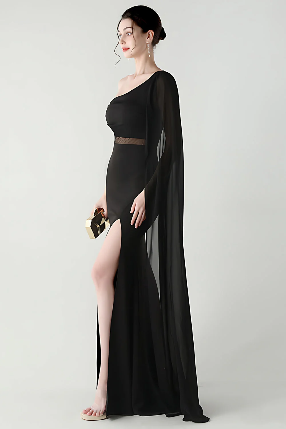 Serpentin sirène noire à une épaule Robe longue de cérémonie avec fente - Image 3