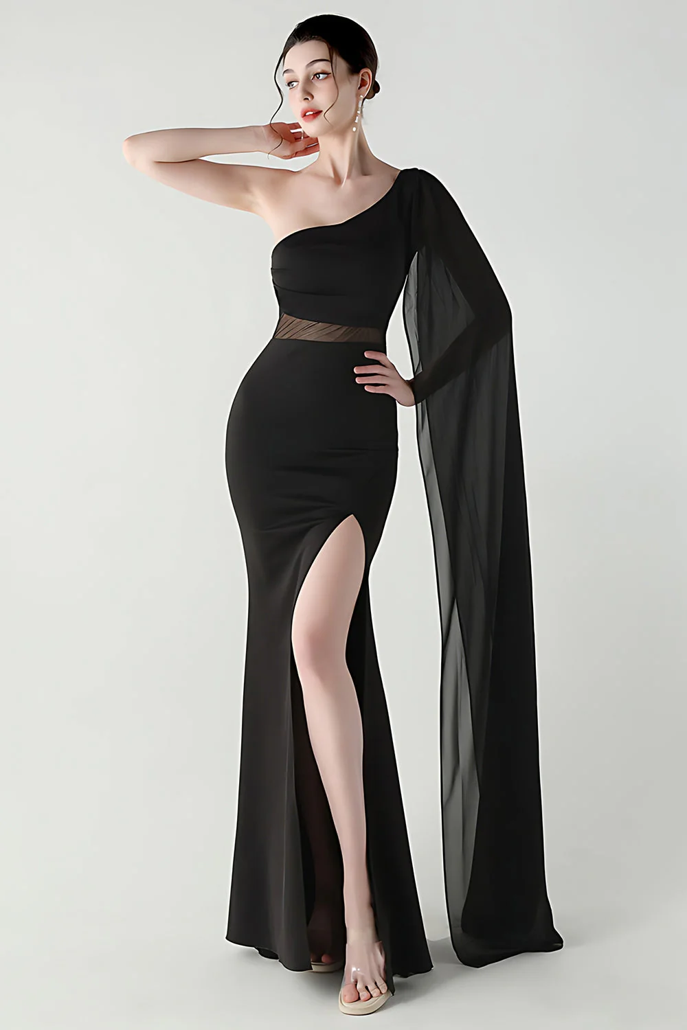 Serpentin sirène noire à une épaule Robe longue de cérémonie avec fente - Image 4