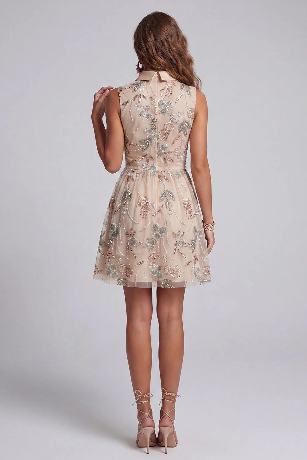 Serrure champagne scintillante Une robe cocktail courte perlée avec nœud - Image 3