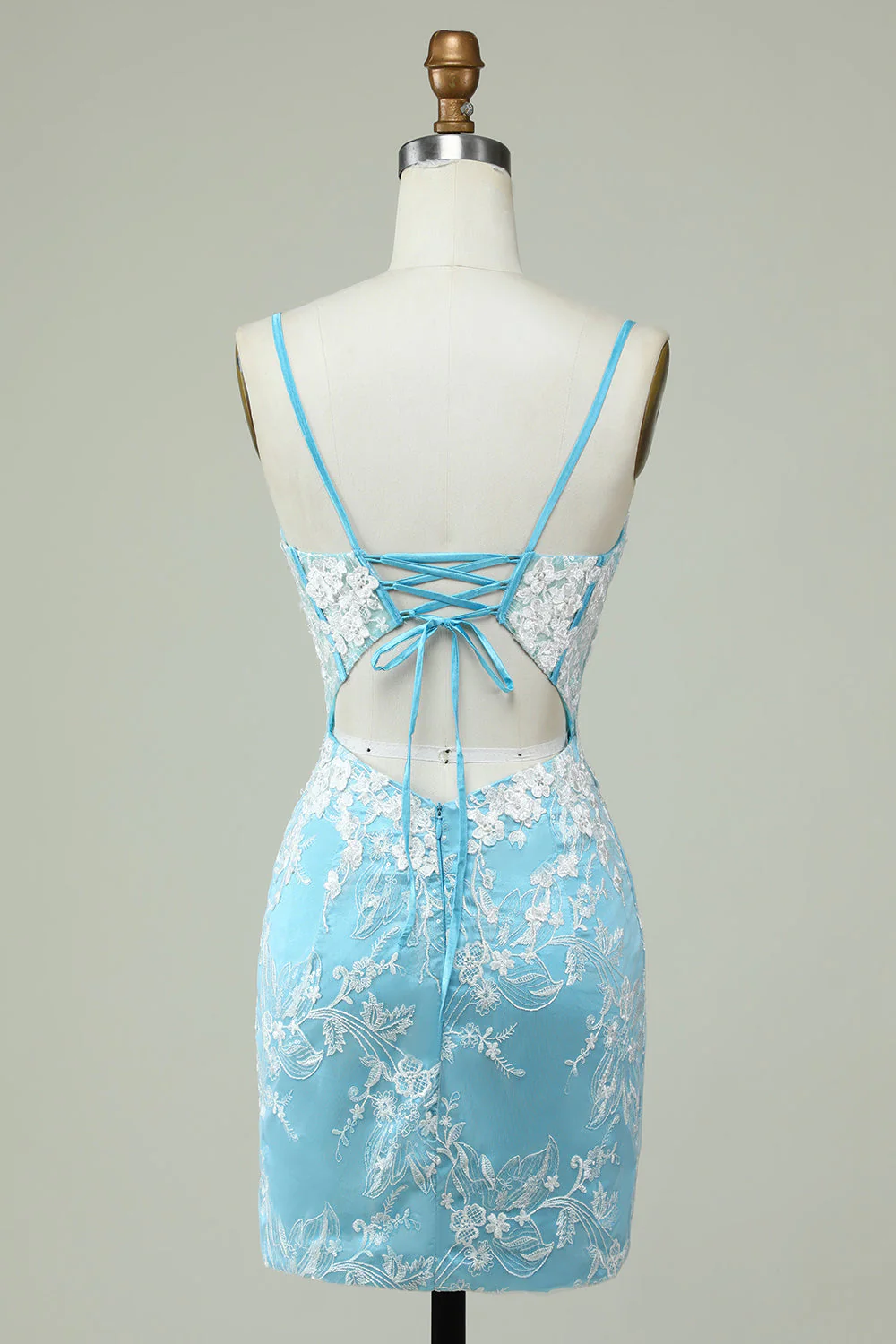 Fourreau Bretelles Spaghetti Bleu Clair Robe de Cocktail Courte avec Appliques - Image 2