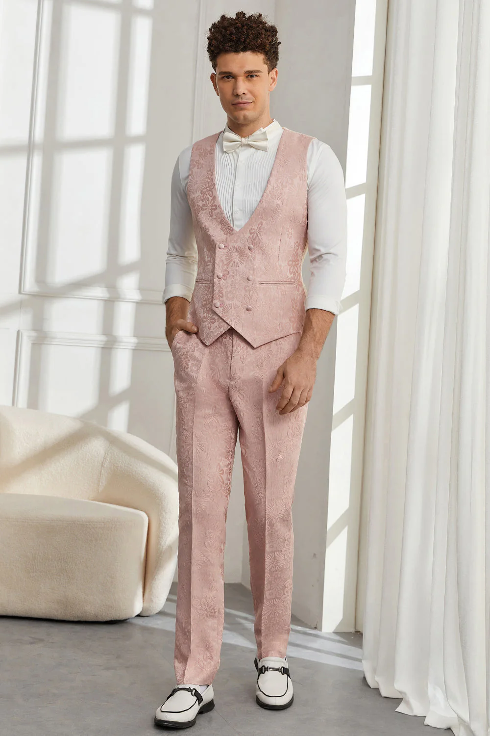 Silm Fit Peak Lapel Rose clair Jacquard Costumes de Soirée pour hommes - Image 4