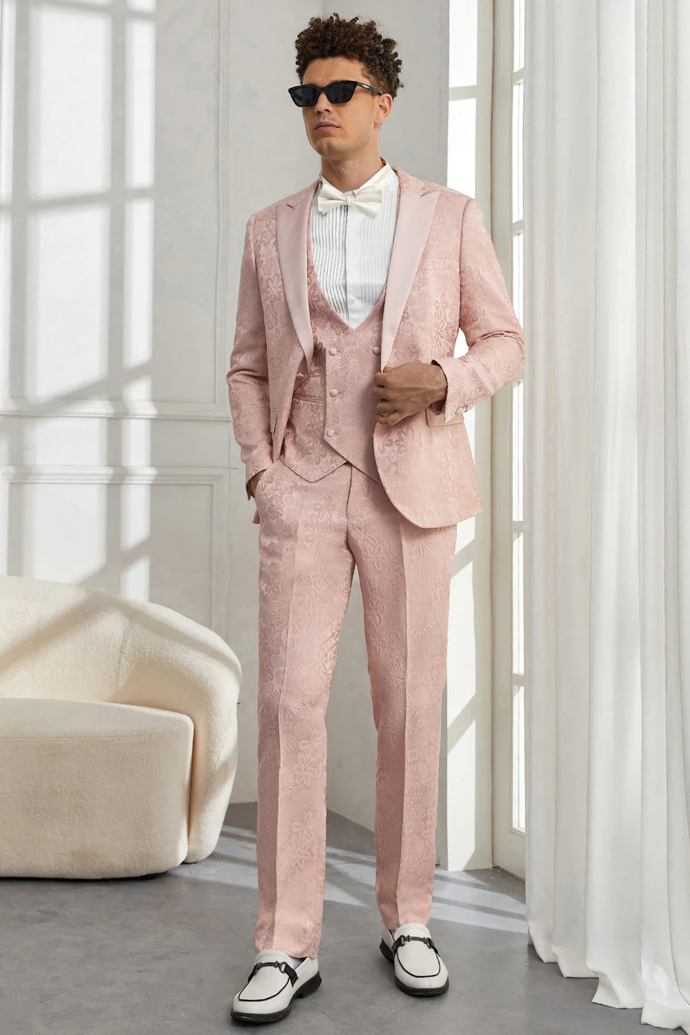Silm Fit Peak Lapel Rose clair Jacquard Costumes de Soirée pour hommes - Image 5