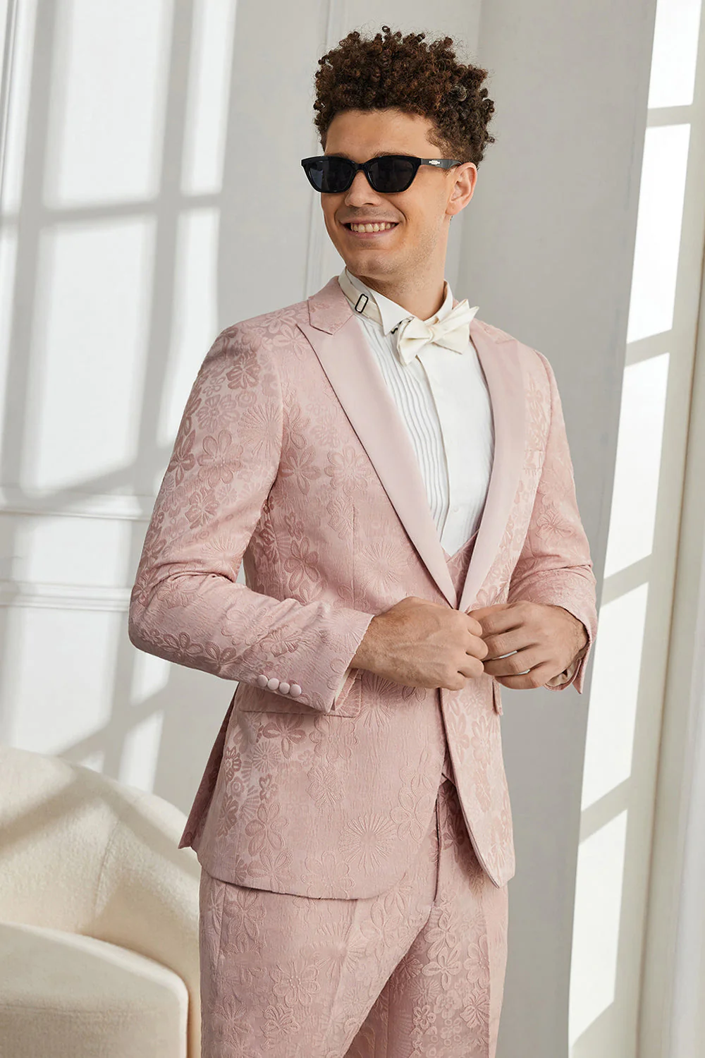 Silm Fit Peak Lapel Rose clair Jacquard Costumes de Soirée pour hommes - Image 6
