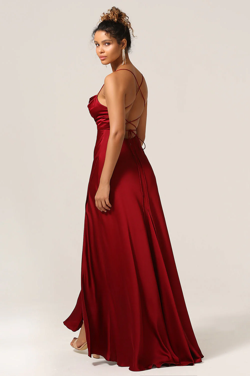 Robe de demoiselle d'honneur longue bordeaux ligne A simple dos lacé croisé - Image 4