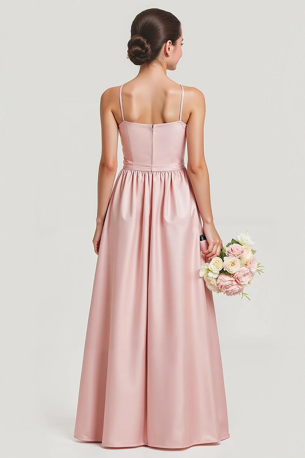 Robe de demoiselle d'honneur junior longue en satin blush ligne A à bretelles fines - Image 2