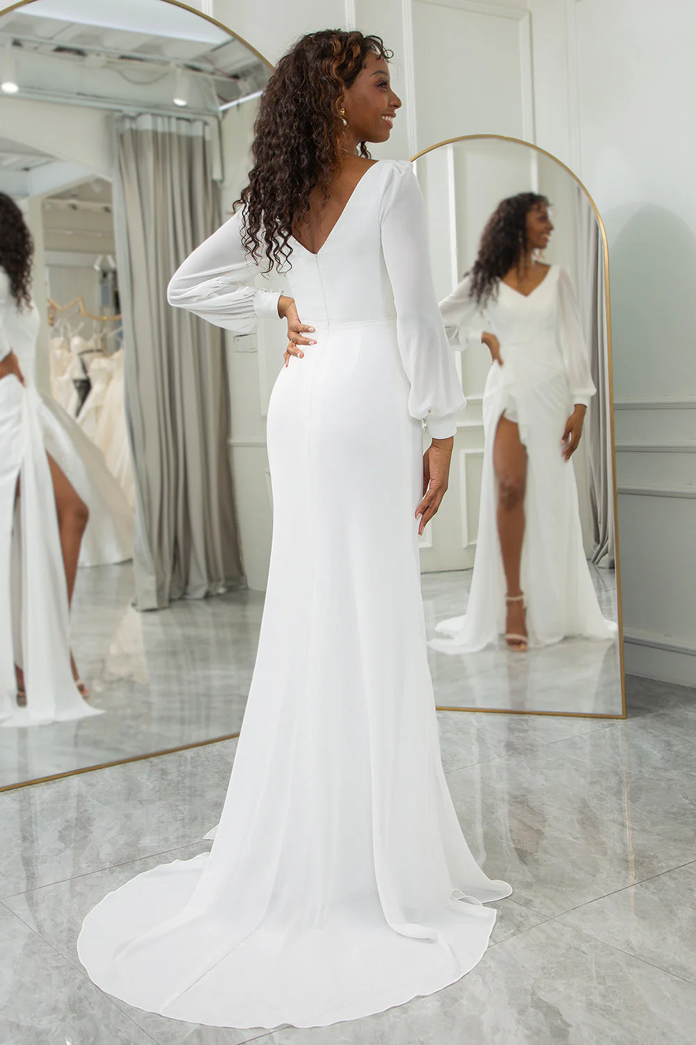 Simple Ivoire à volants à manches longues Boho robe de mariée Boho - Image 2