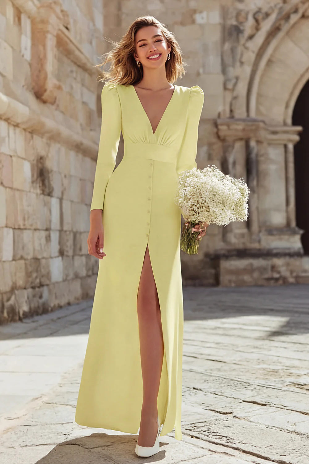 Robe de mariée ivoire simple moulante à col en V profond avec fente - Image 10