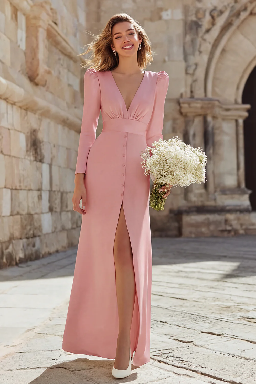 Robe de mariée ivoire simple moulante à col en V profond avec fente - Image 7