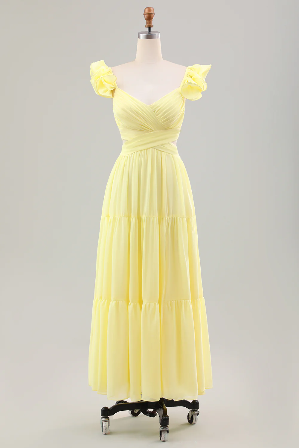 Simple Jaune Citron Une Ligne Plissé À Volants Robe D’invitée De Mariée