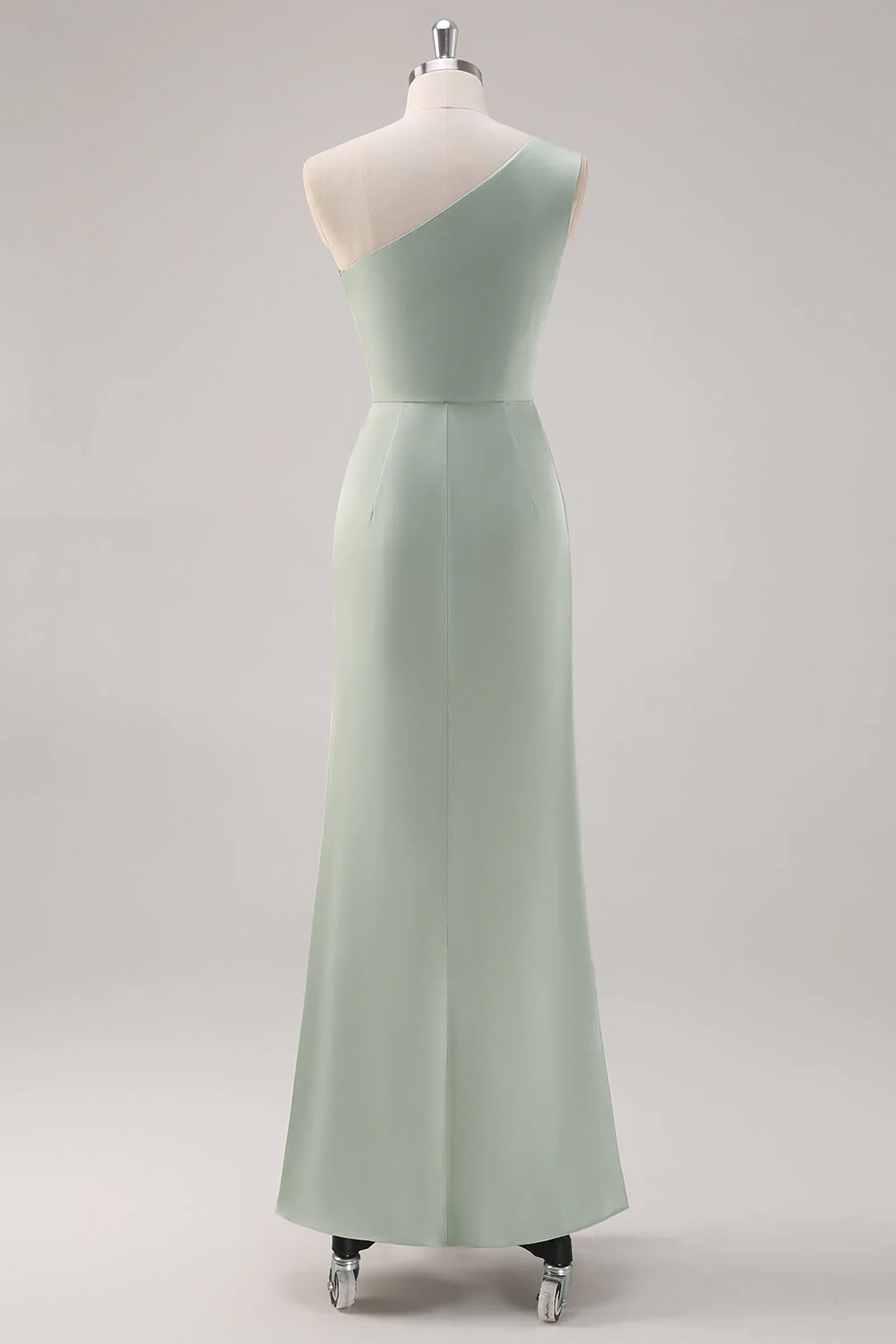 Simple satin vert sauge robe de demoiselle d’honneur à une épaule avec fente - Image 2