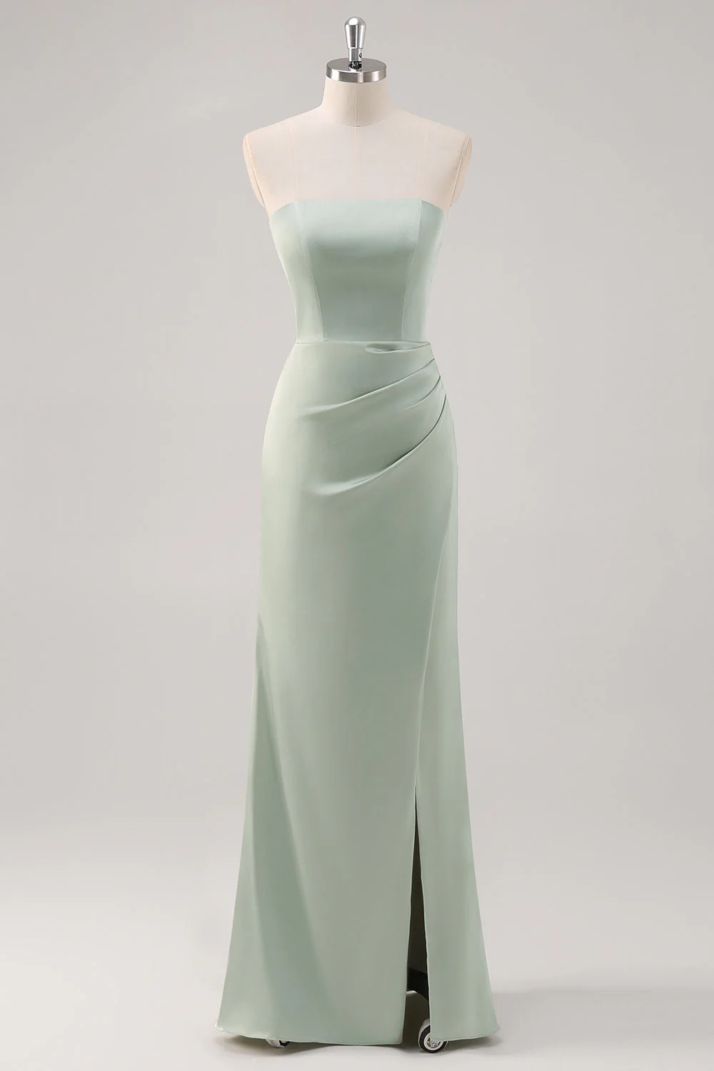 Simple Sirène Satin Sans Bretelles Vert Sauge Robe de demoiselle d’honneur avec fente